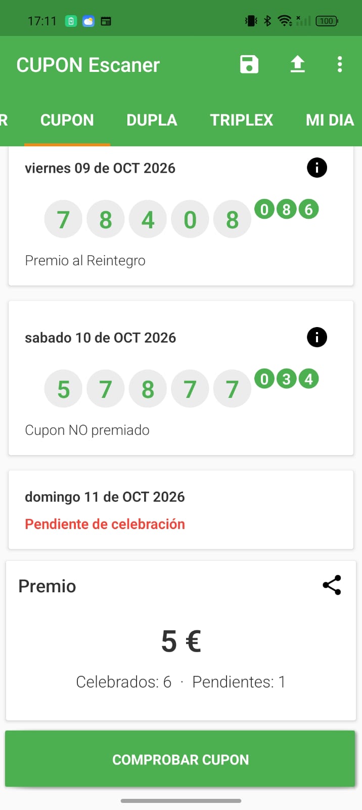 Resultado de un bono semanal comprobado: premio de 5 euros, seis sorteos celebrados y uno pendiente